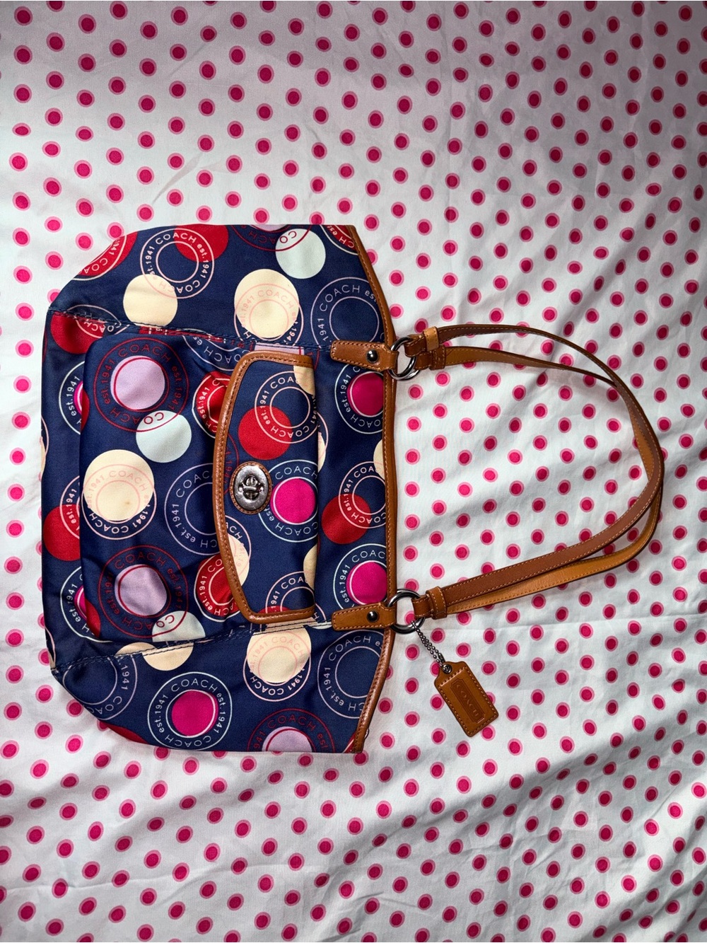 Coach Navy Multicolor Circle Print Shoulder Bag with Tan Trim